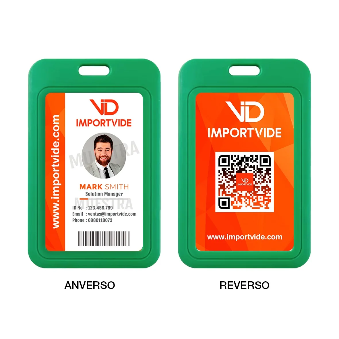 Portacredencial deslizable verde, anverso y reverso con carnet de muestra