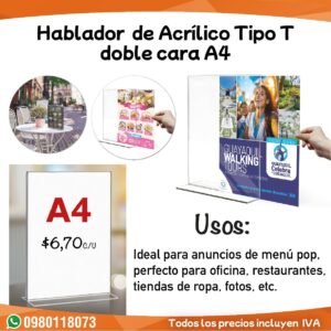 Hablador de acrílico tipo T de doble cara A4